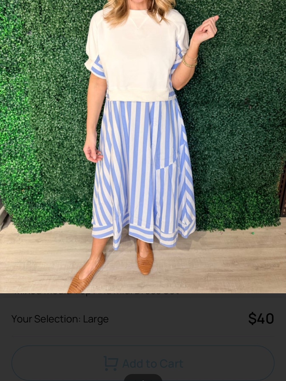 White Top with Blue & White Striped Midi Skirt